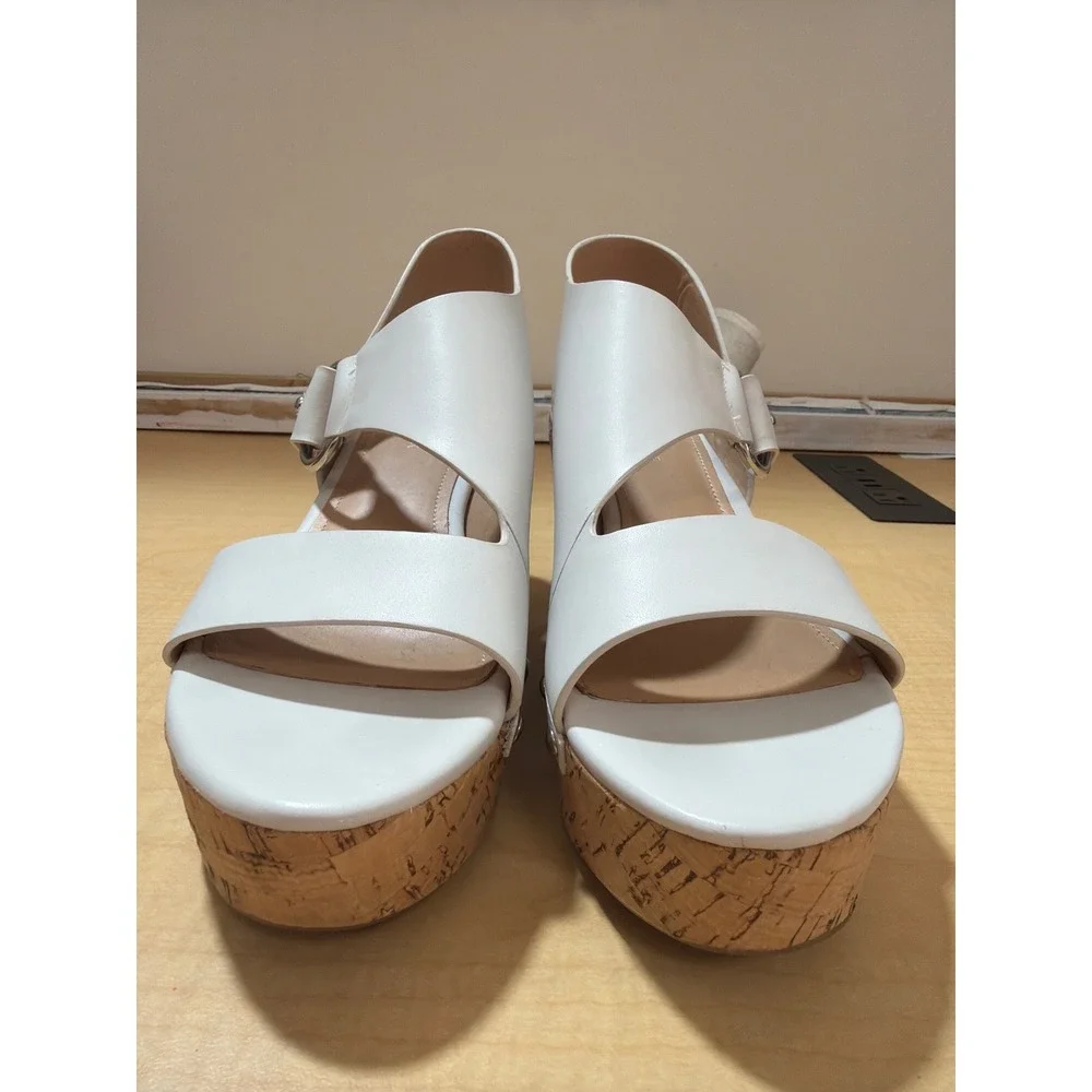 Marc Fisher White Leather Cork Platform Wedge Sandals Silver Studs Womens 7.5M